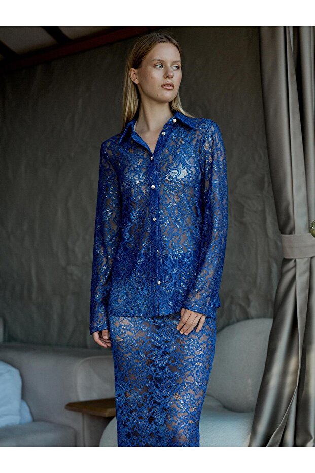 Varaklı Dantel Gömlek Saks - 6