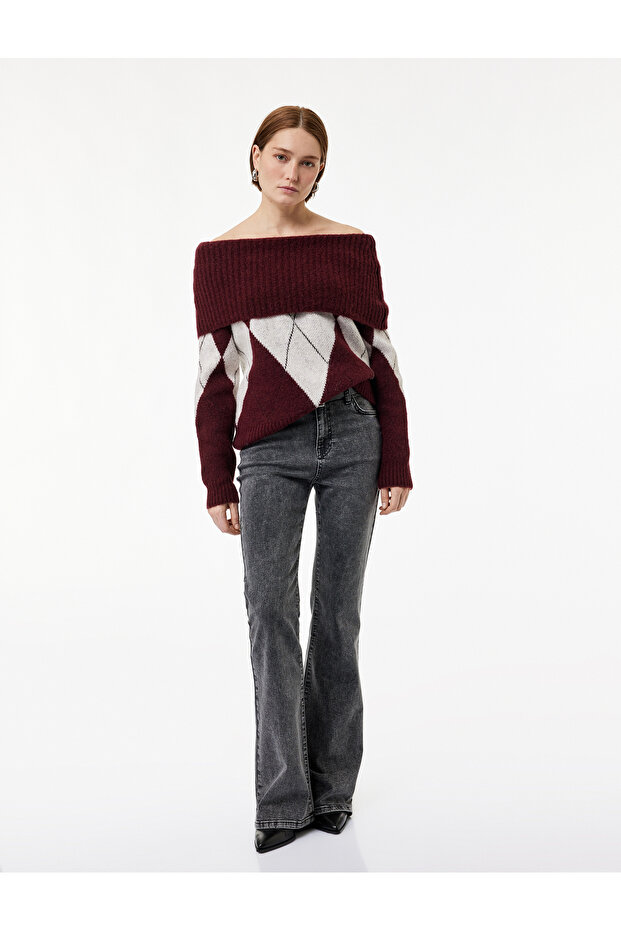 Long Sleeve Off-The-Shoulder Argyle Sweater