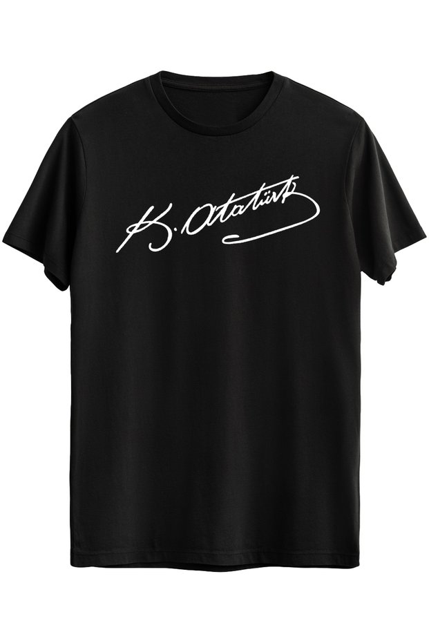 Cotton Pieces of White Atatürk Signature B Printed Black Short Sleeve T-Shirt