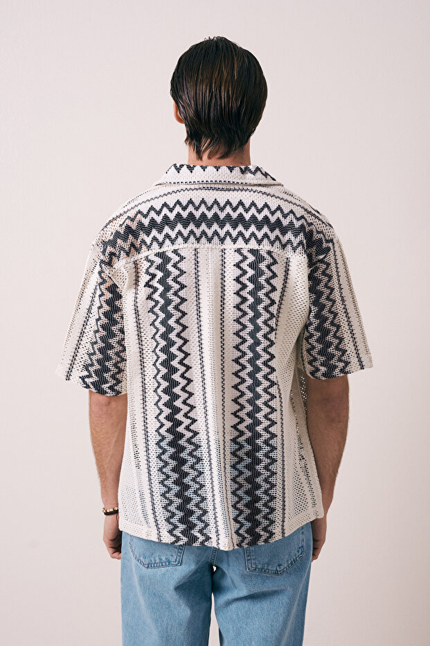 Etnik Desenli Oversize Örme Gömlek - 4