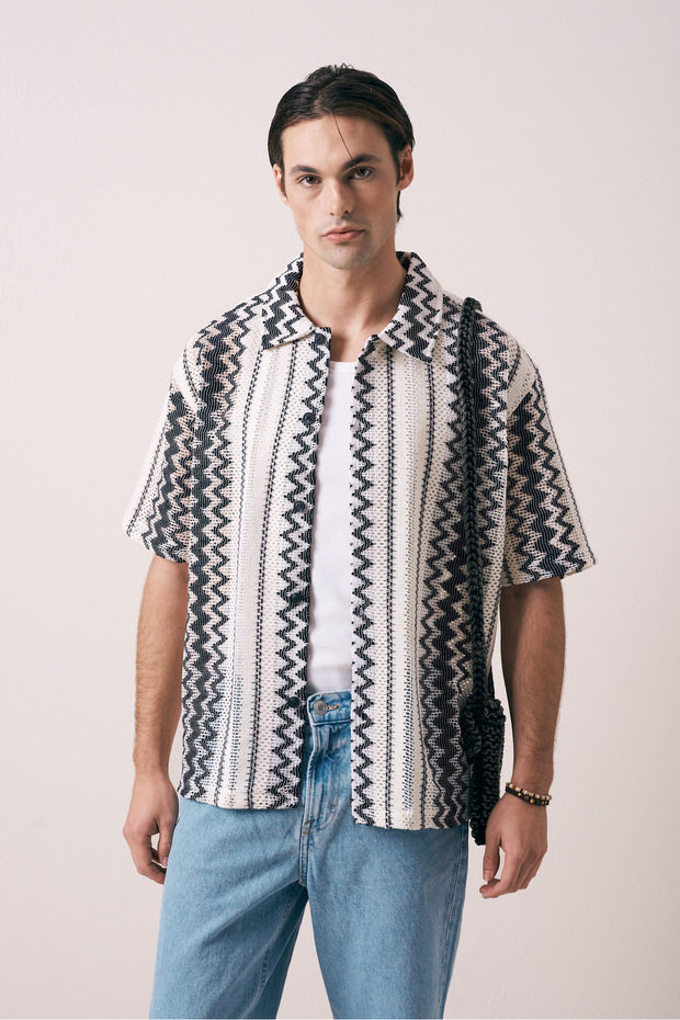 Etnik Desenli Oversize Örme Gömlek - 1