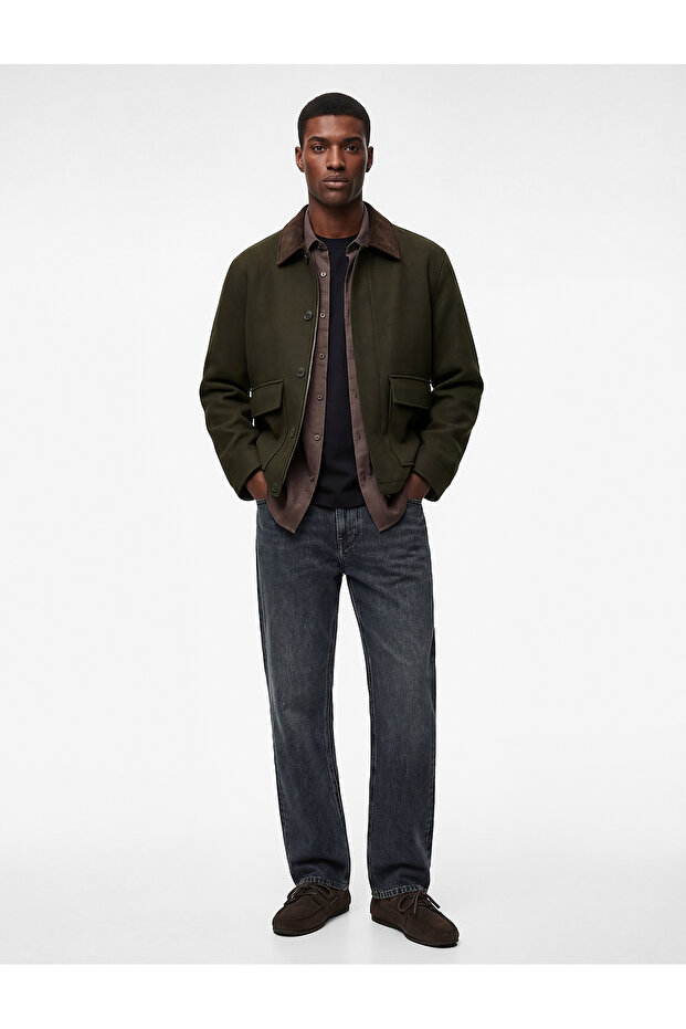 Regular Fit Long Sleeve Flap Pocket Velvet Shirt Collar Cashmere Jacket