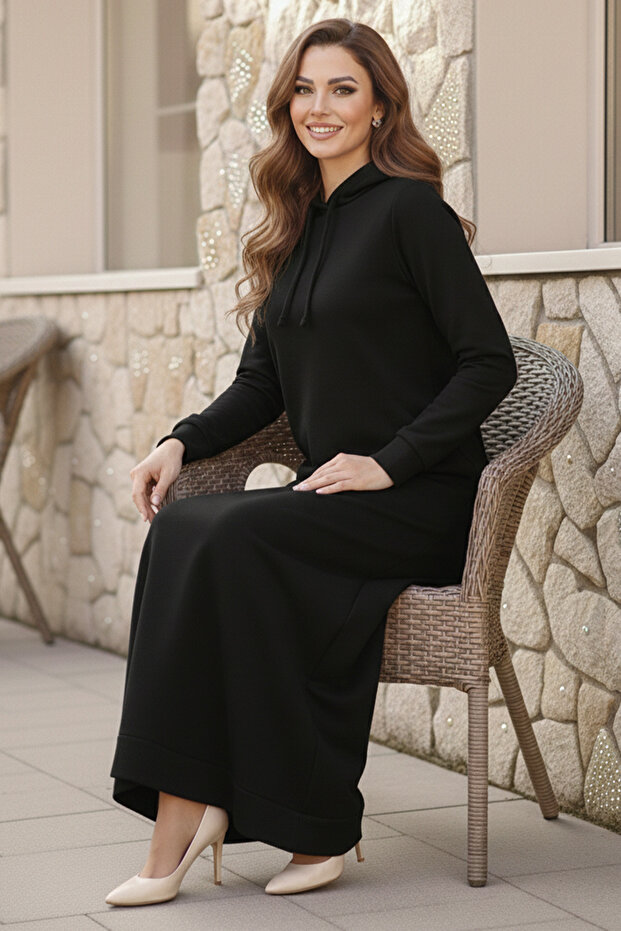 Kapüşonlu Basic Elbise 5042 Siyah - 4