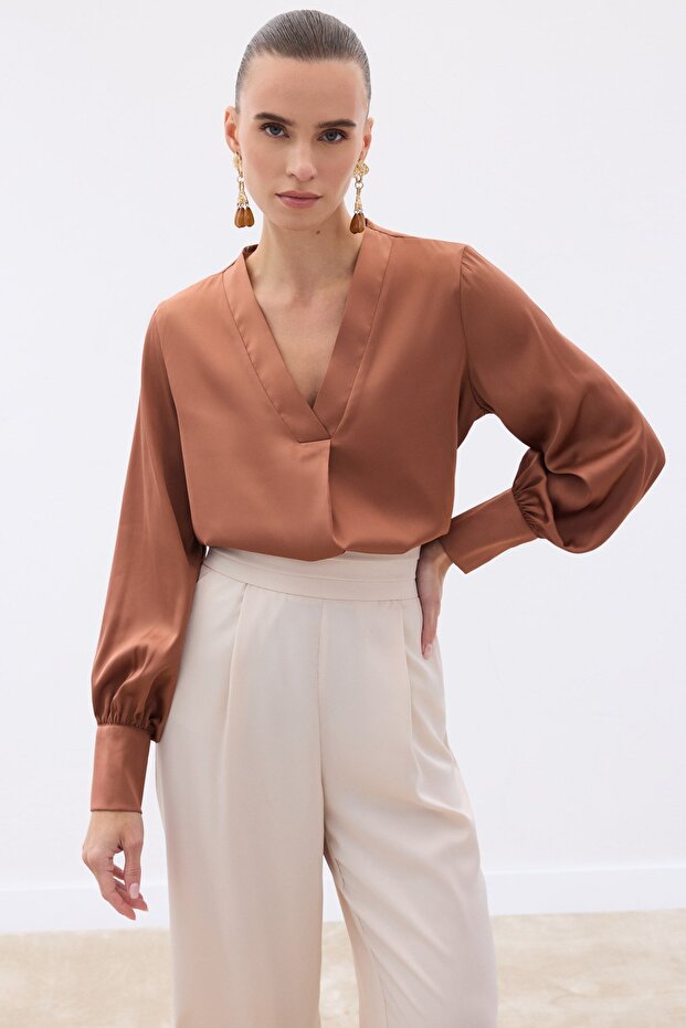 V-Neck Satin Blouse - Brown
