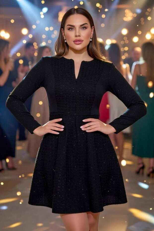 Tweed Fabric Long Sleeve Stretch Fabric Midi Dress – Zipper Detail 2701