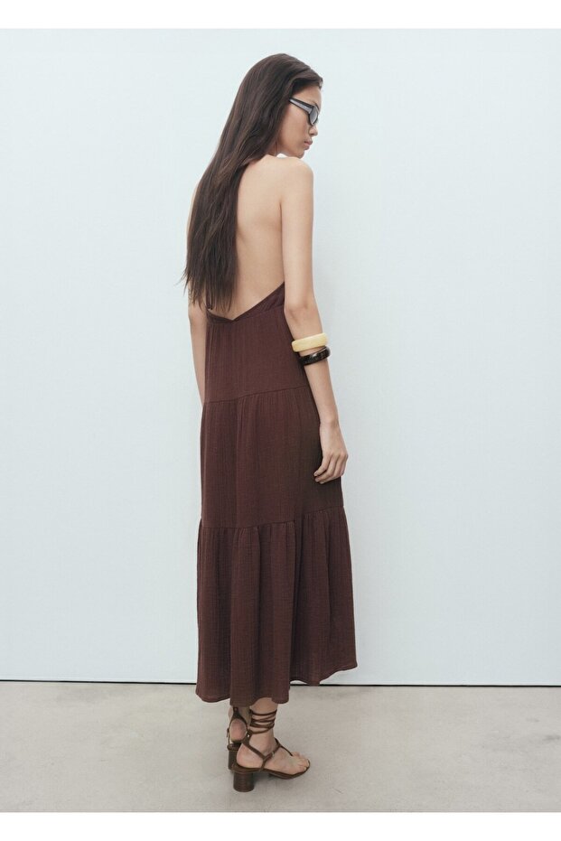 V yakalı pamuklu elbise - 4