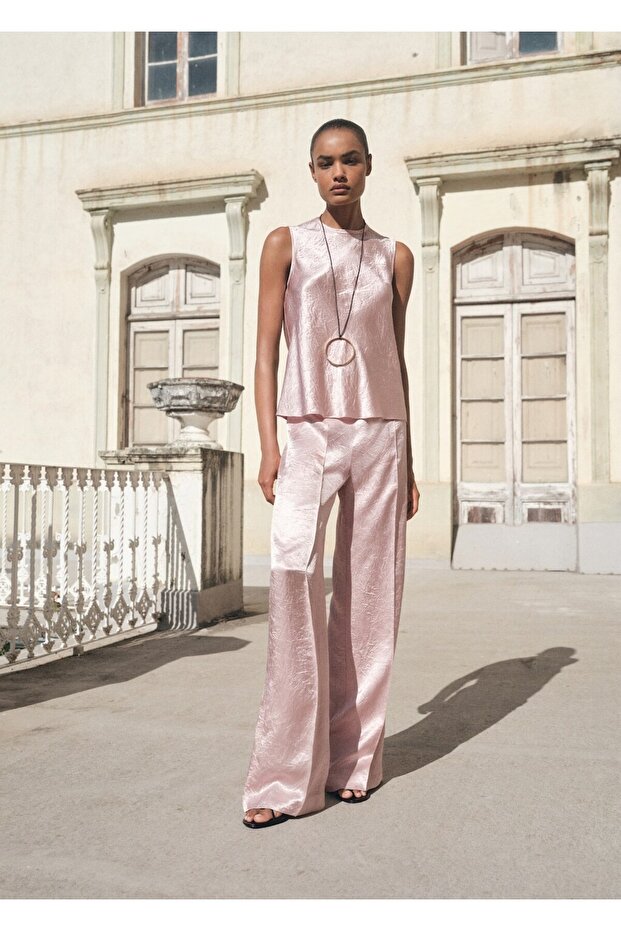 Kırışık efektli saten bluz - 2