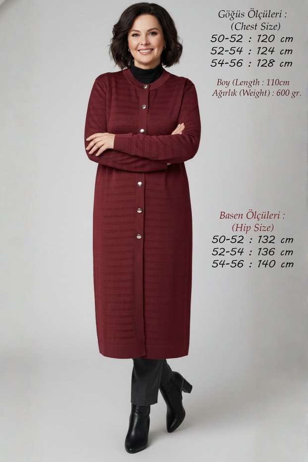 Women's Knitwear Seasonal Spring Glittery Hijab Cap Large Size Long Mercerized Mother Burgundy Cardigan