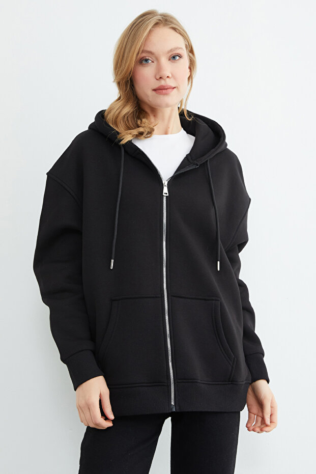 Hanorac oversize cu glugă și fermoar, cu 3 fire, model Basic - 6