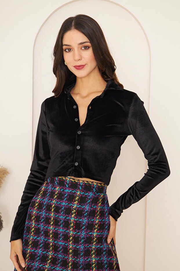 Women's Black Velvet Long Sleeve Crop Shirt Dm9003