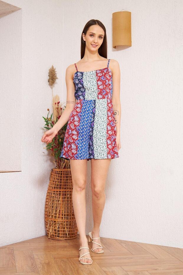 Kadın Bordo Desenli Patchwork Şort Tulum DM4003 - 1