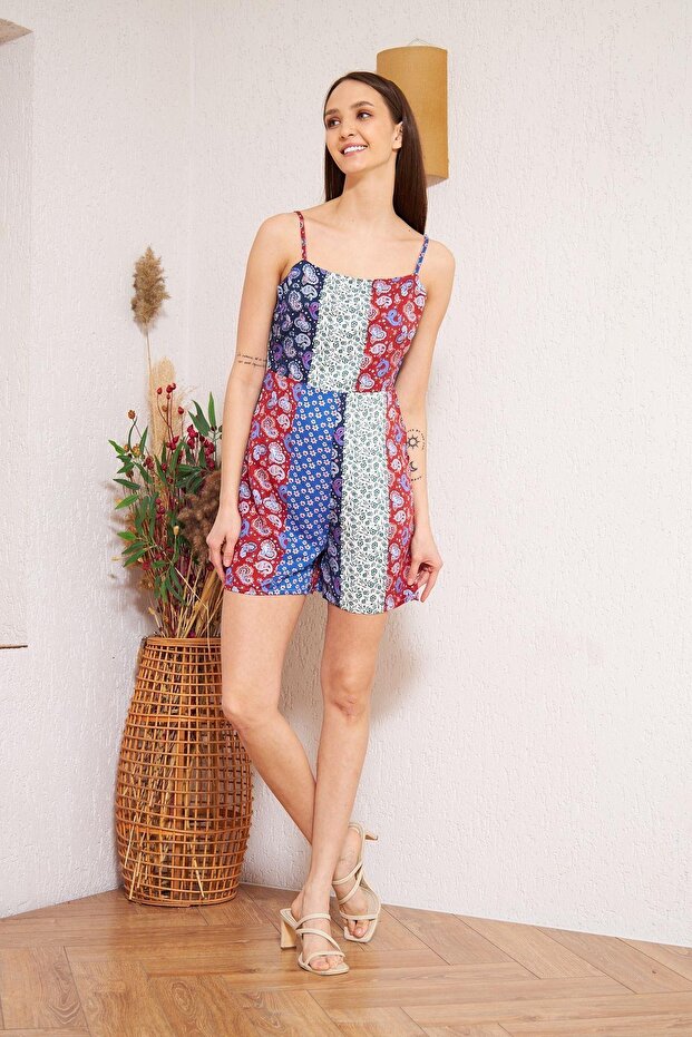 Kadın Bordo Desenli Patchwork Şort Tulum DM4003 - 8