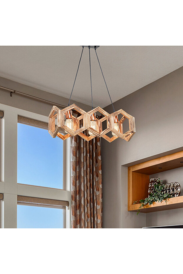 Petek 3Lü Ahşap Avize - 4