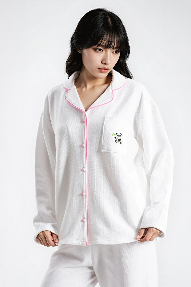 Women's Ecru Waffle Panda Kingdom Peter Pan collar Long Sleeve Pants Pajama Set