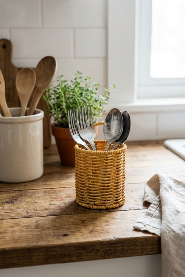 ® Round Wicker Textured Plastic Rattan Spoon & Fork Holder – Self-Holding with Hanger