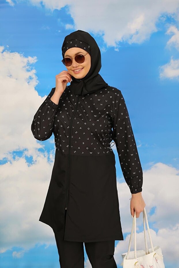 Women's Patterned Full Hijab Swimsuit with Pants Black 31074