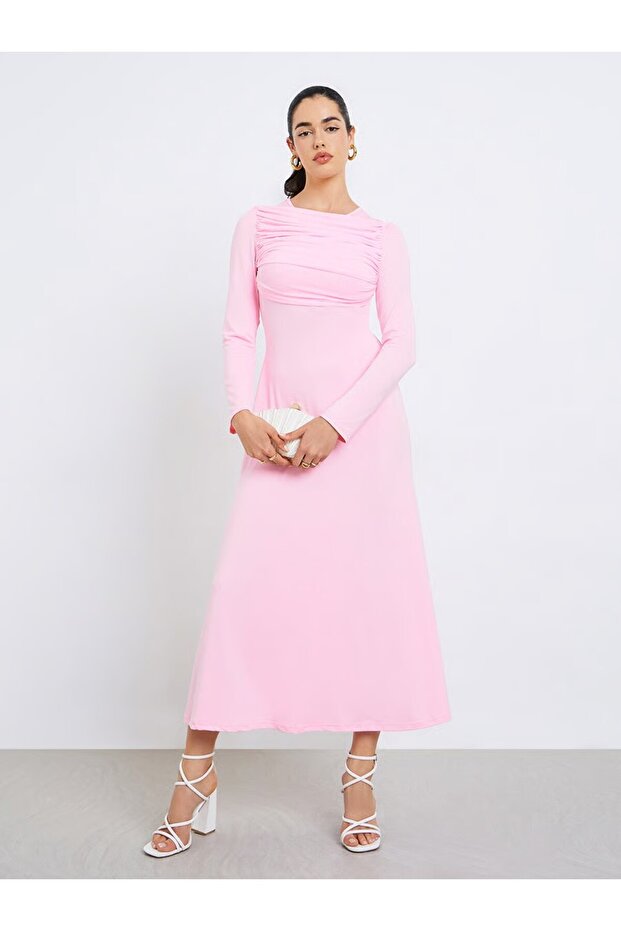 Solid Center Front Gathered Party Midi Dress