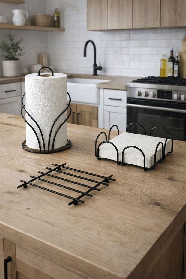 Service Presentation Set Towel Holder Napkin Holder Trivet Full Shiny Stainless Steel Set of 3 Kitchen