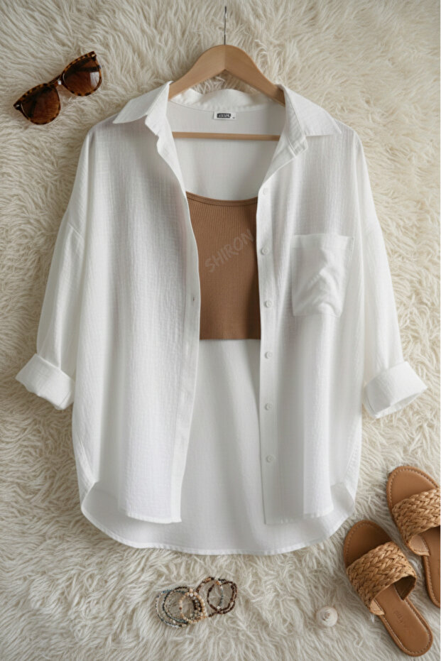 Shiron Sportswear&Company Kadın Beyaz Oversize Keten Gömlek %100 Pamuk