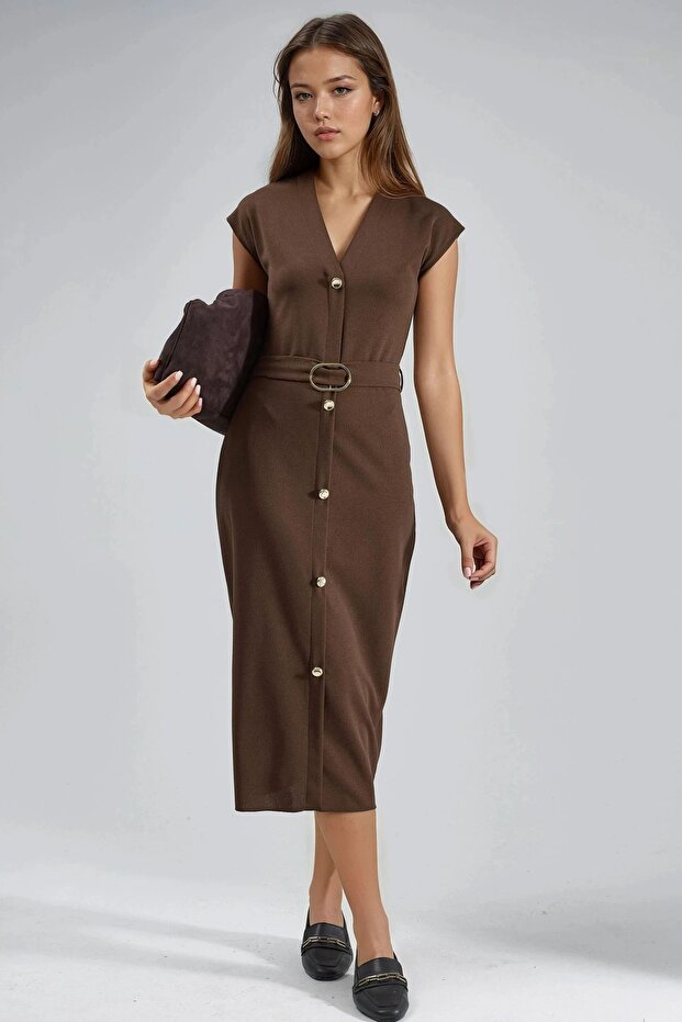 BUSEM Kemerli V Yaka Midi Elbise - 4