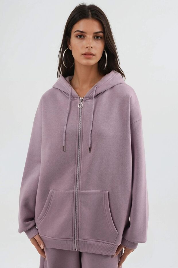 BUSEM Kapüşonlu Oversize Fermuarlı Ceket - 6