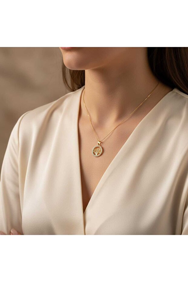 Ceylin Tree of Life Model Zircon Stone Plated Women's Necklace