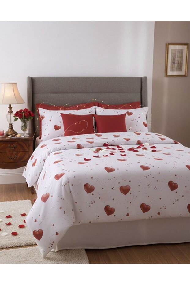 Elastic Sheet Duvet Cover Set Double Size Heart Pattern -Valentine's Day Concept 100% Cotton
