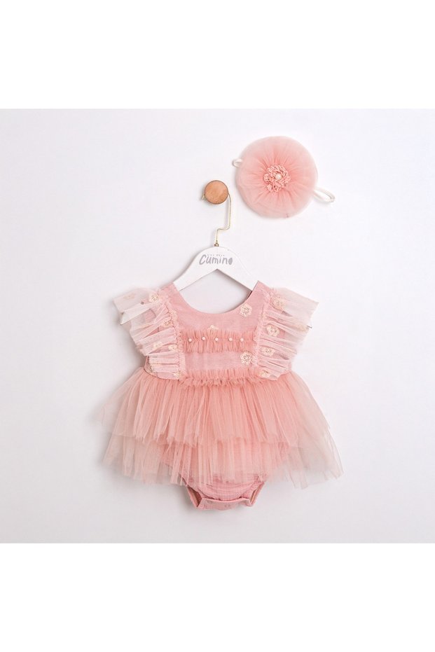 Baby Girl Romper with Ruffled Sleeves, Ribbon Detail on the Back and Hair Accessories