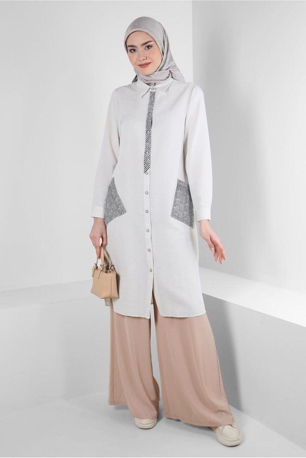 LONG TUNIC WITH STRIP DETAIL BUTTON 43636