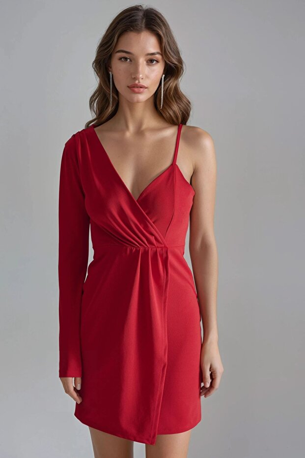 BUSEM Tek Omuz V Yaka Mini Elbise - 5