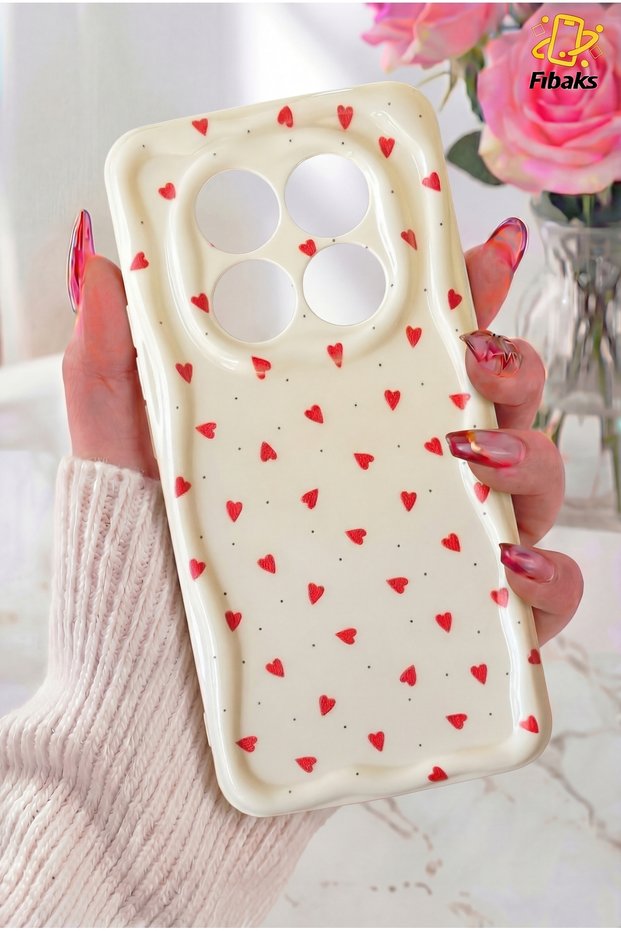 Redmi Note 14 Pro 4G/5G Case Camera Protected Wave Edge Red Heart Pattern Silicone Cover