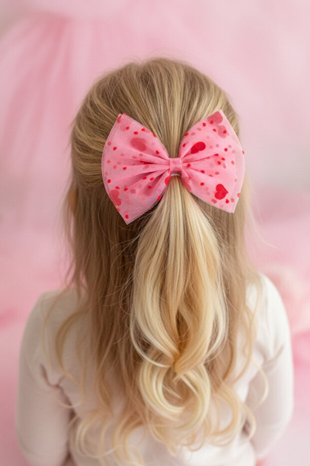 Large Size Velvet Heart Patterned Pink Tulle Bow Clip Buckle - (1 Pc)