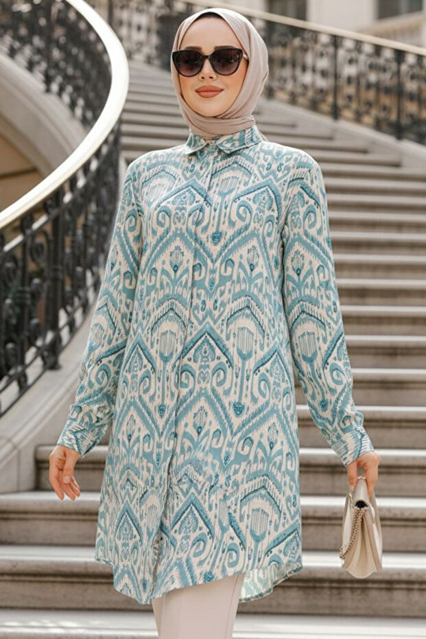 Mint Patterned Hijab Tunic - 11718Mint - 1