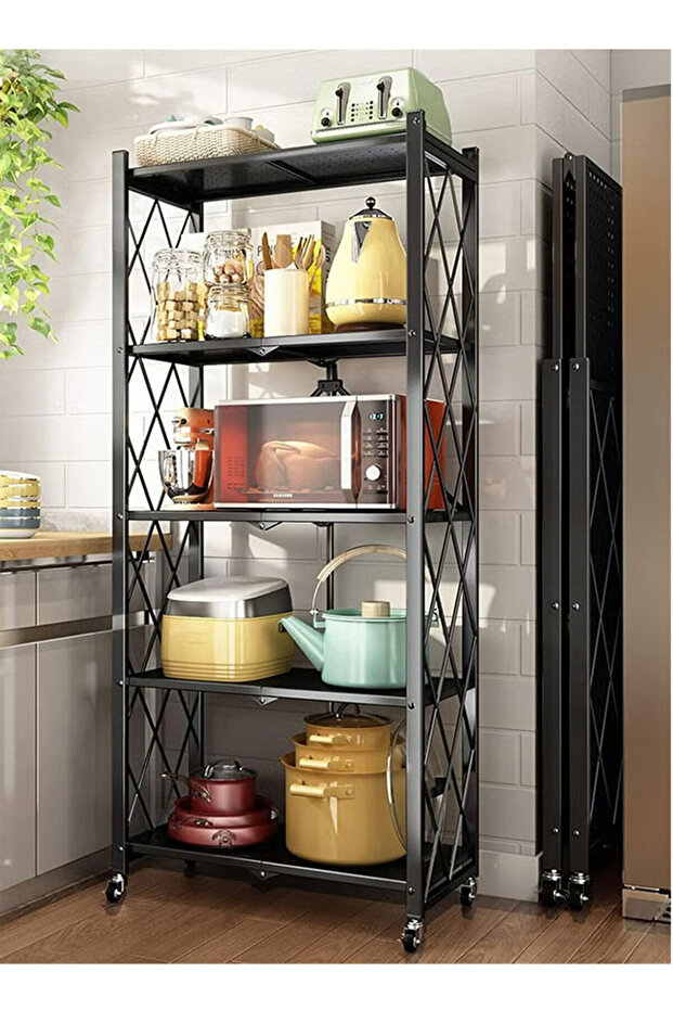 رف تخزين قابل للطي سميك بخمس طبقات مزود بعجلات، ورف ذو سعة كبيرة - 1