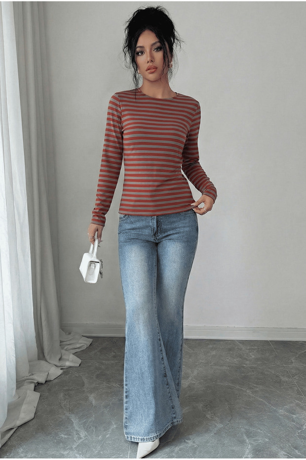 Women's Striped Crew Neck Long Sleeve Basic T-Shirt-Blouse, Relaxed Fit