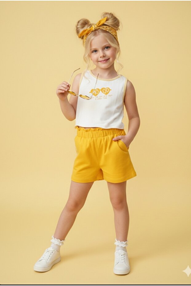 Girl's Strap Fitil Badi T-Shirt Shorts Set with Elastic Waist Pocket
