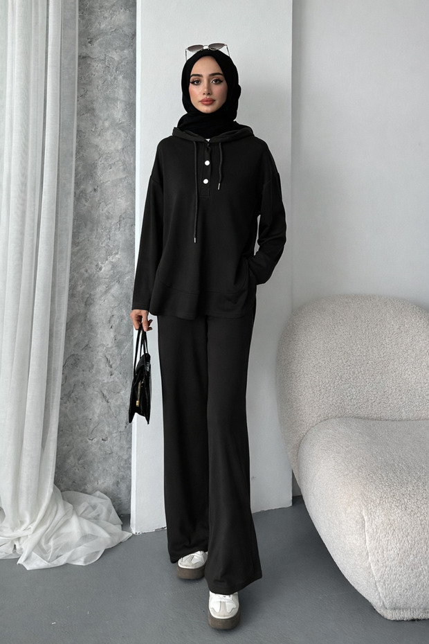 Women's Modal Fabric Snap Fastener Hooded Oversized Tsettür Suit 3107