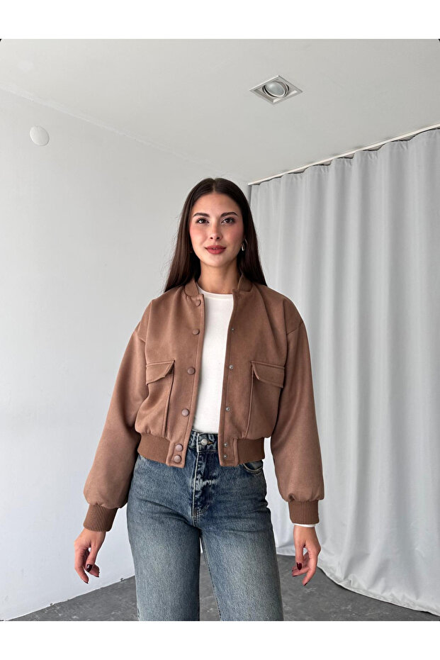 Wide Pocket Snap Button Bomber Jacket - 1