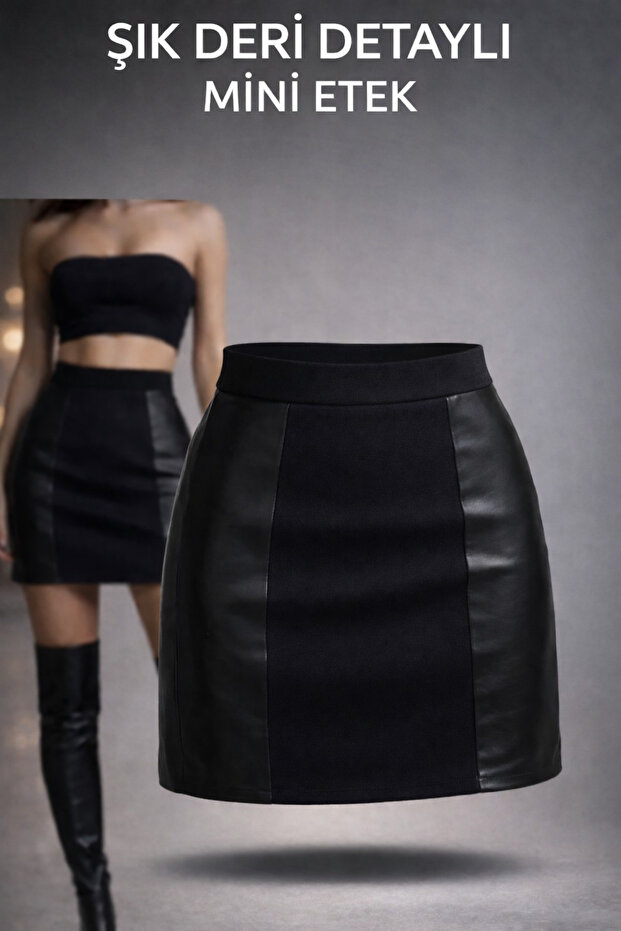 Mini Pencil Skirt with Faux Leather Details on the Sides