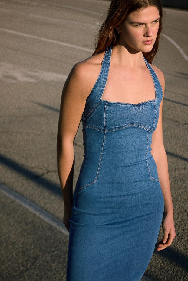 Midi denim elbise - 3