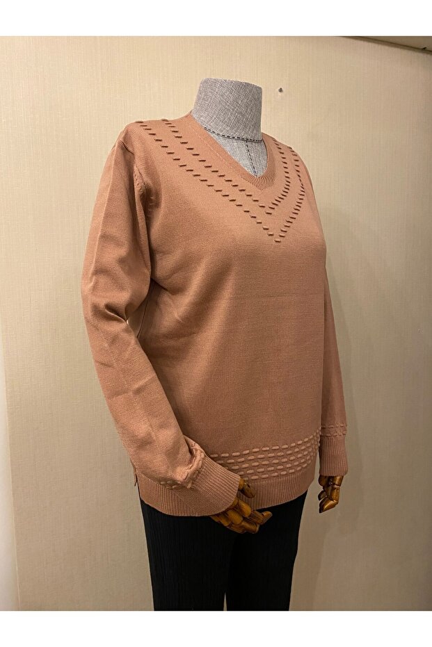 Strickwaren mit V-Ausschnitt, gemusterter Mutterblusenpullover / Dusty Rose - 3
