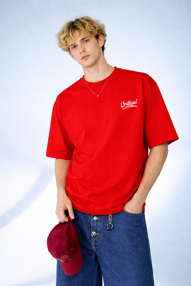 Men's Critical Written Minimalist Design Crew Neck Red T-Shirt