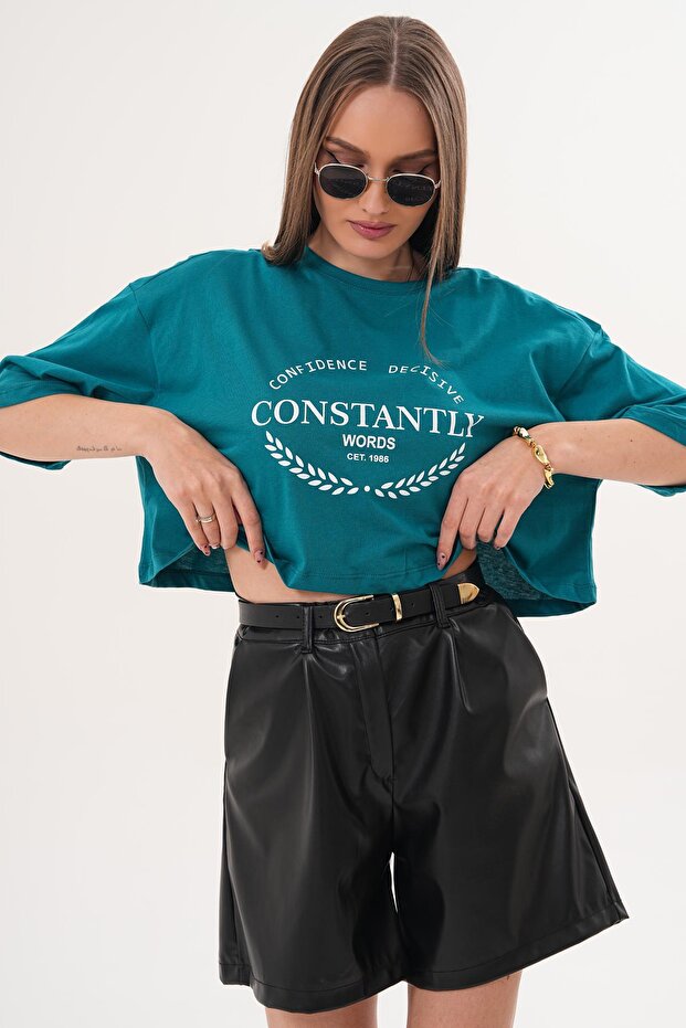 Women's Print Detailed Crew Neck Short Oversize T-Shirt - 260131