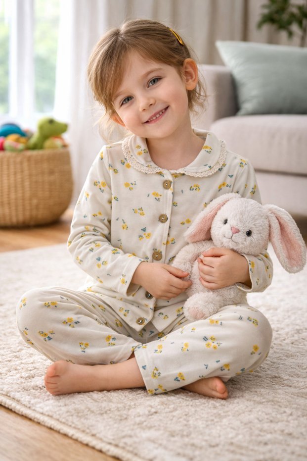 Ecru Yellow Orange Floral Girls' Pajamas