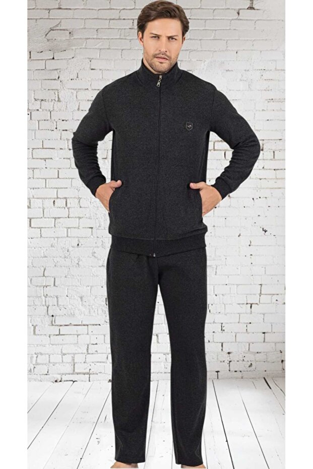 100% Cotton Thessaloniki Knitted Long Sleeve Coat Tracksuit-Pajama Set Winter Anthracite