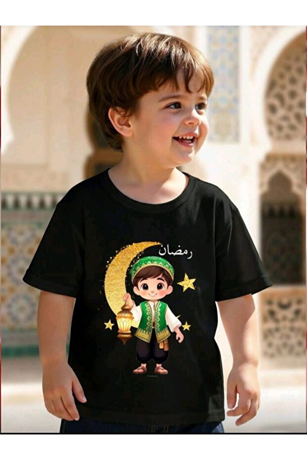 تيشيرت للأولاد مطبوع عليه عيد رمضان، مصنوع من قماش قطني 100%