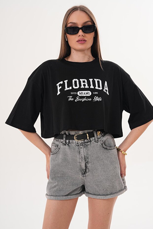 Women's Print Detailed Crew Neck Short Oversize T-Shirt - 260132