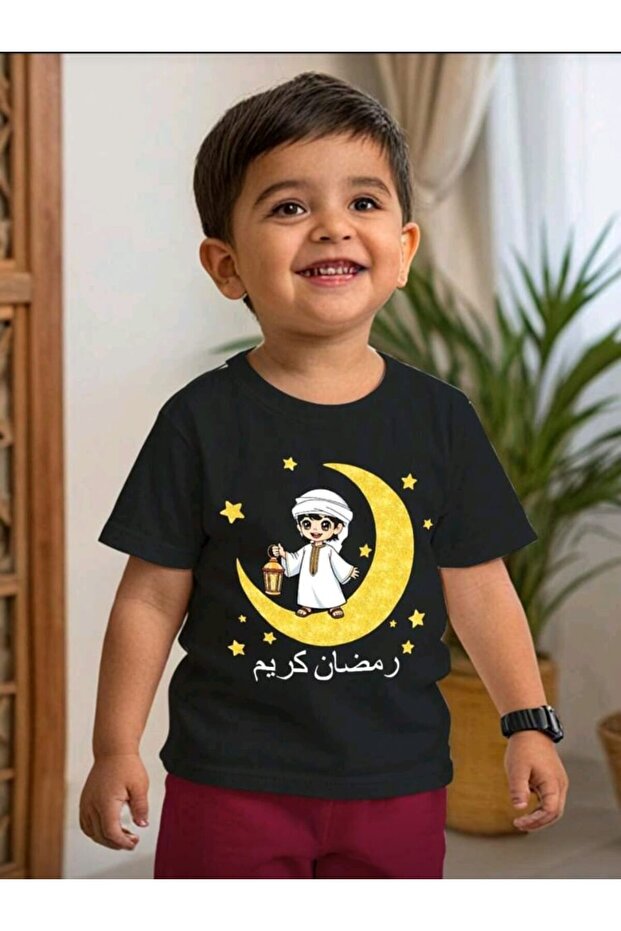 تيشيرت للأولاد مطبوع عليه عيد رمضان، مصنوع من قماش قطني 100%