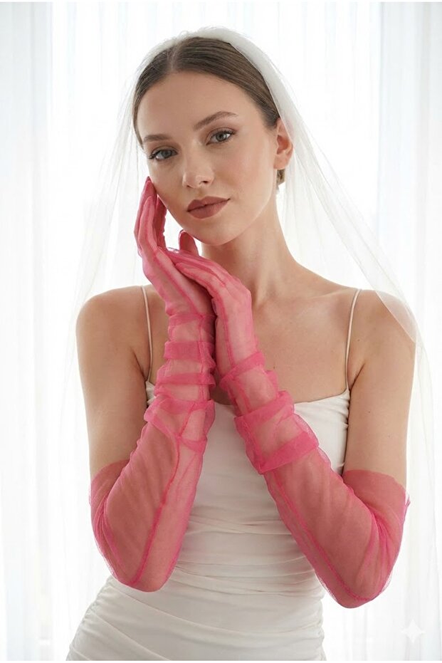 Silk Aura Draped Fuchsia Long Tulle Gloves | Elegant and Modern Couture Custom Design
