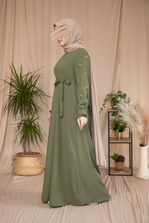 Ankanoor Honeycomb Fabric Belted Dress with Embroidered Sleeves 150 cm Anka265135